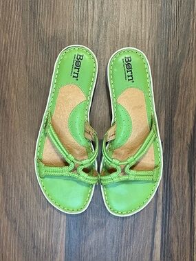 Y2k avocado green leather sandals by the brand Born